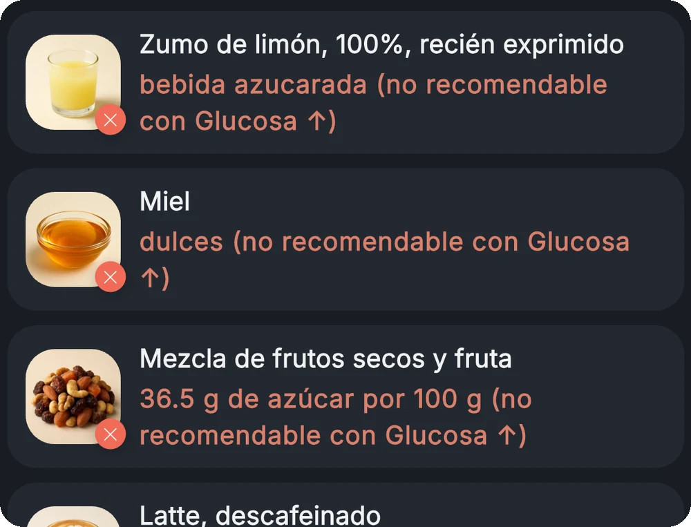 Lista de alimentos marcados como no adecuados, con notas sobre grasas saturadas y azúcar