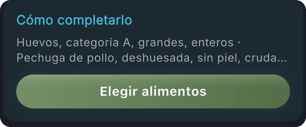 Sugerencia en la app mostrando qué alimentos cubren el déficit de proteína del día