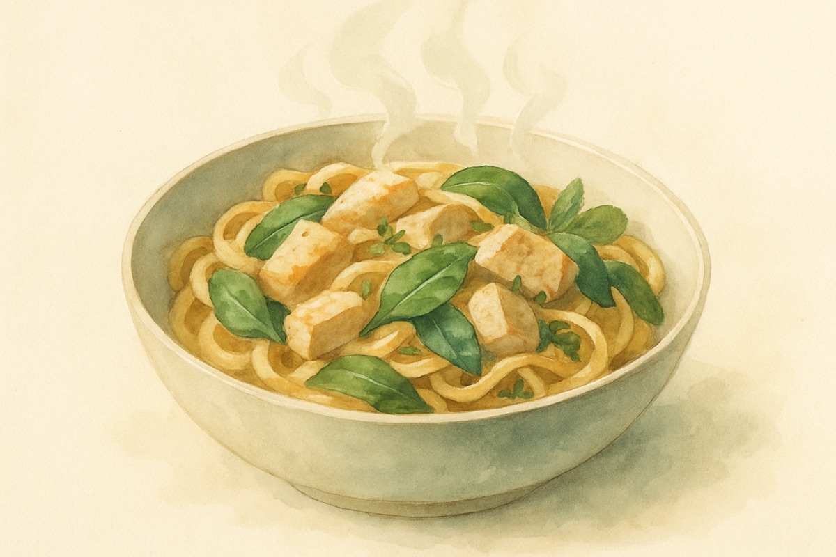 Watercolor illustration of a hearty balanced bowl of pasta with chicken and fresh herbs