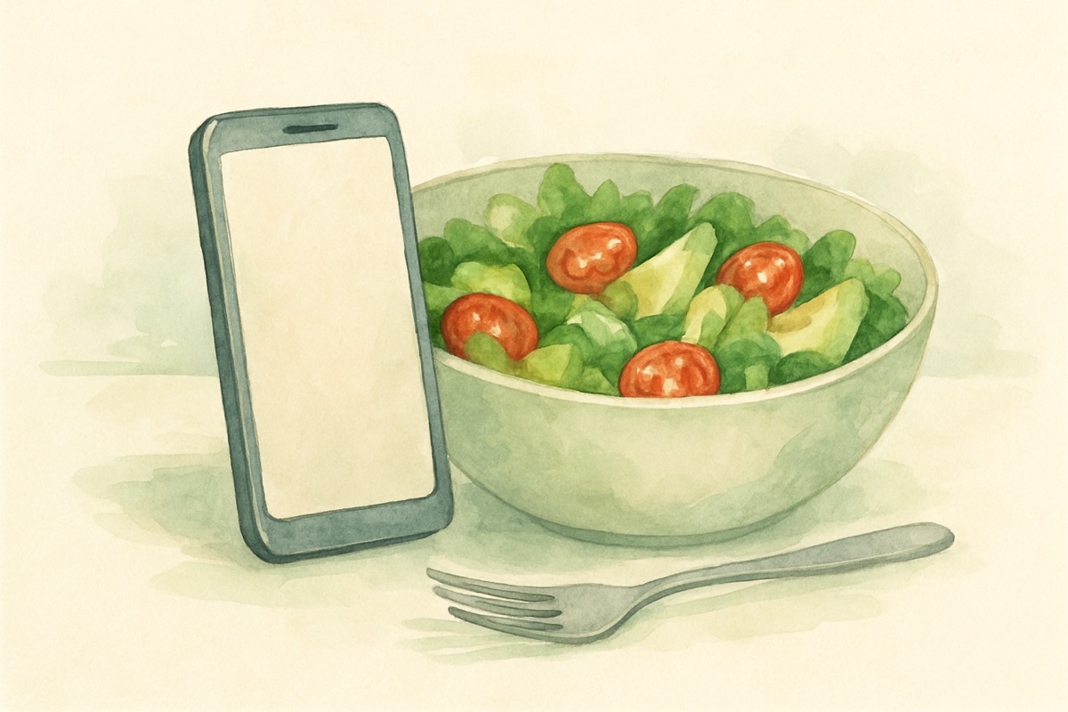 Watercolor illustration of a smartphone next to a fresh salad bowl on a kitchen counter