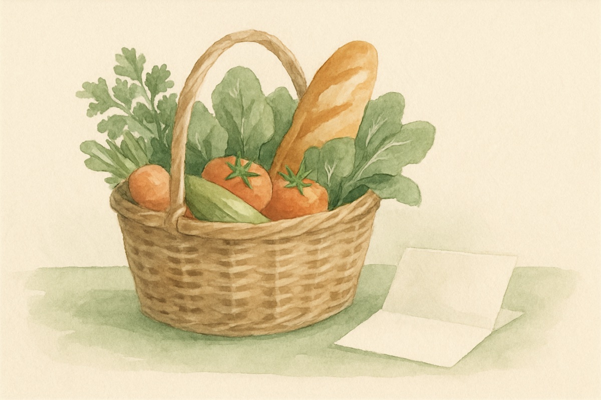 Watercolor illustration of a grocery basket with fresh vegetables, bread and a paper note