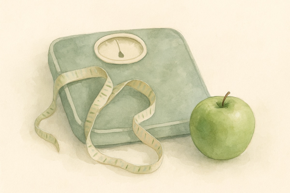 Watercolor illustration of a bathroom scale with a measuring tape and a green apple