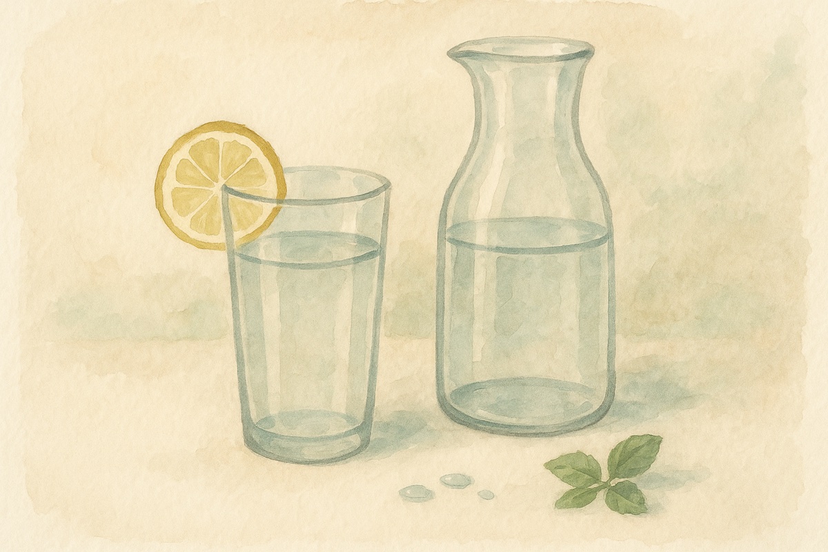 Watercolor illustration of a glass of water with a lemon slice and a carafe
