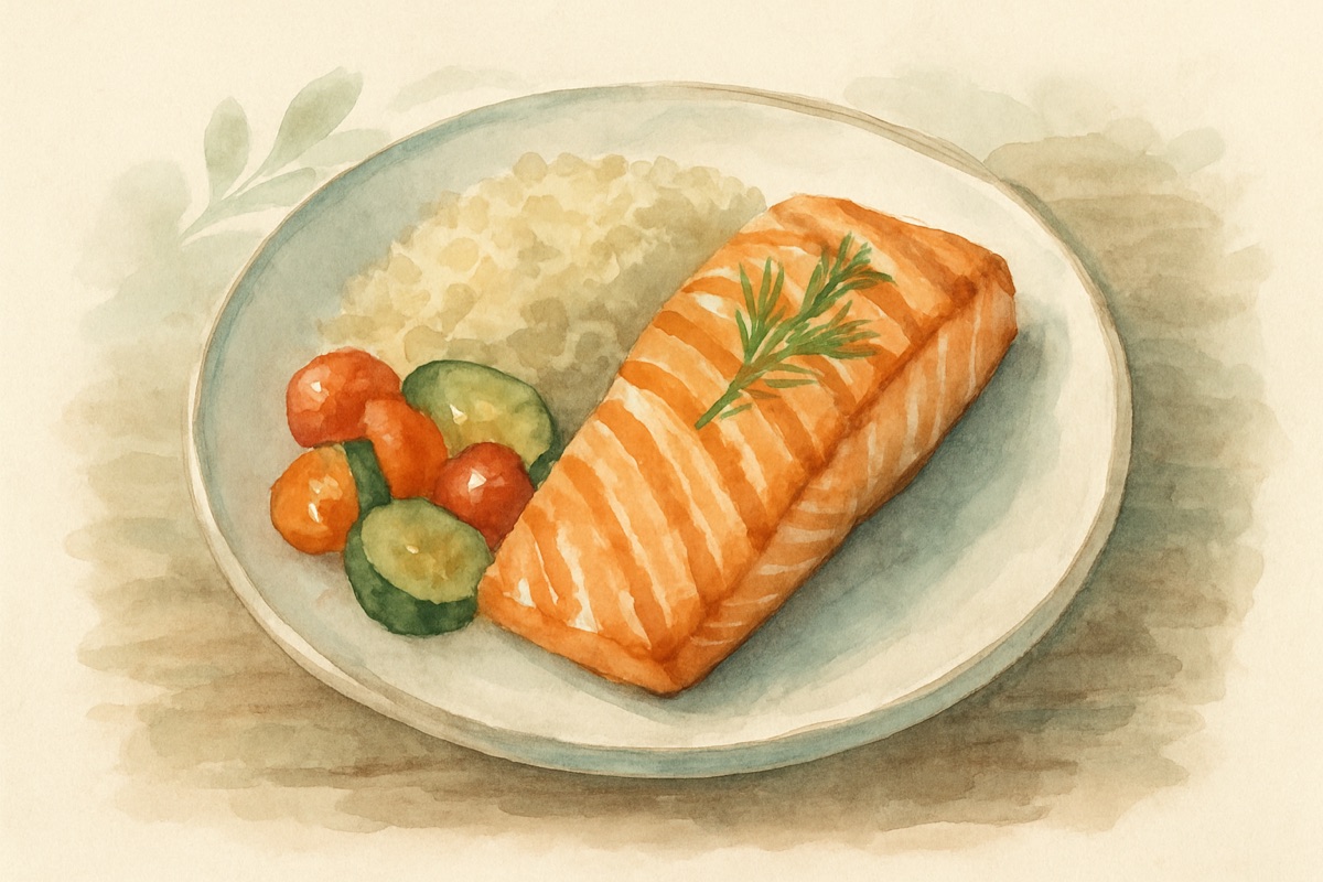 Watercolor illustration of a healthy dinner plate with salmon, quinoa and vegetables