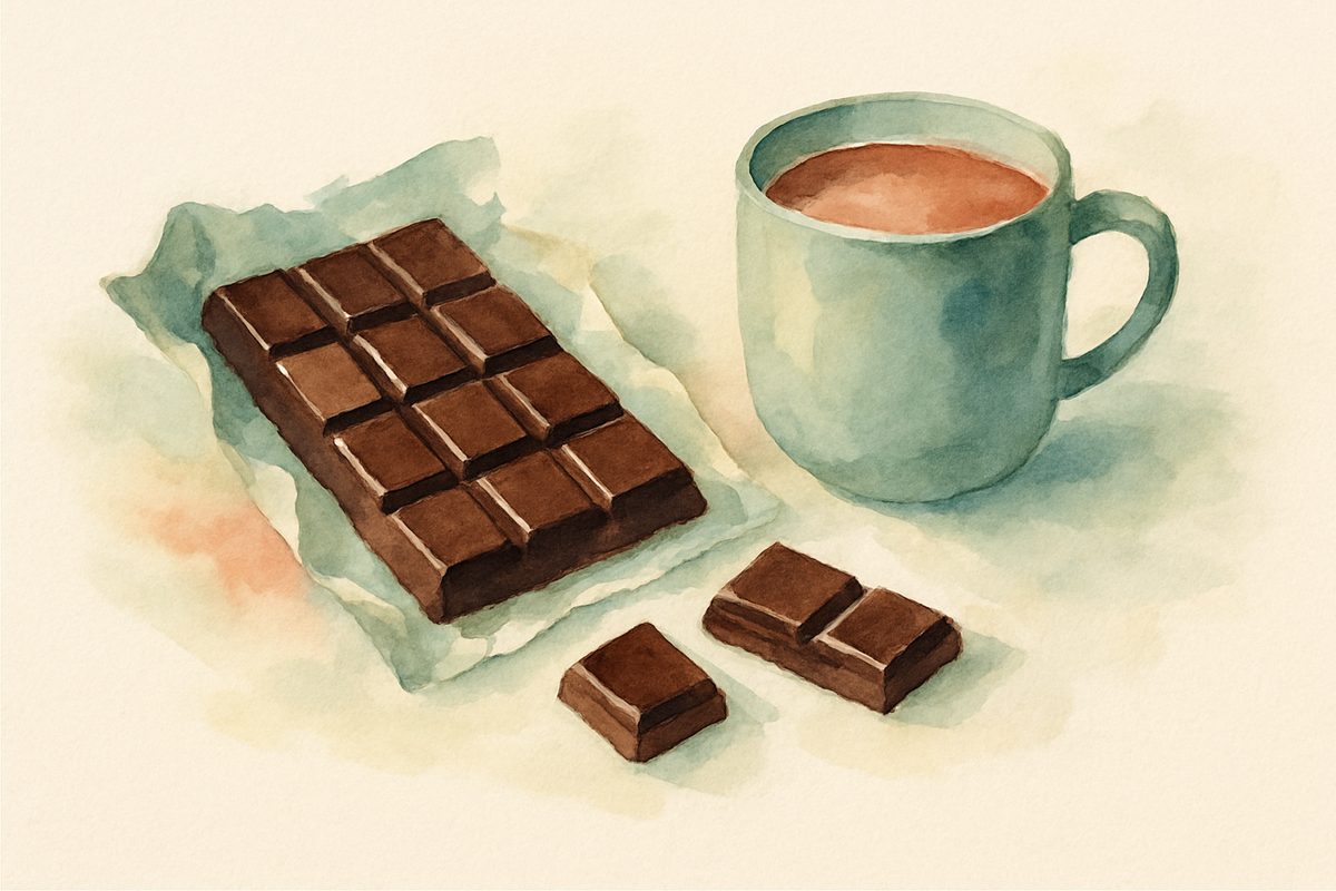 Tableta de chocolate negro y cacao sobre una superficie de madera