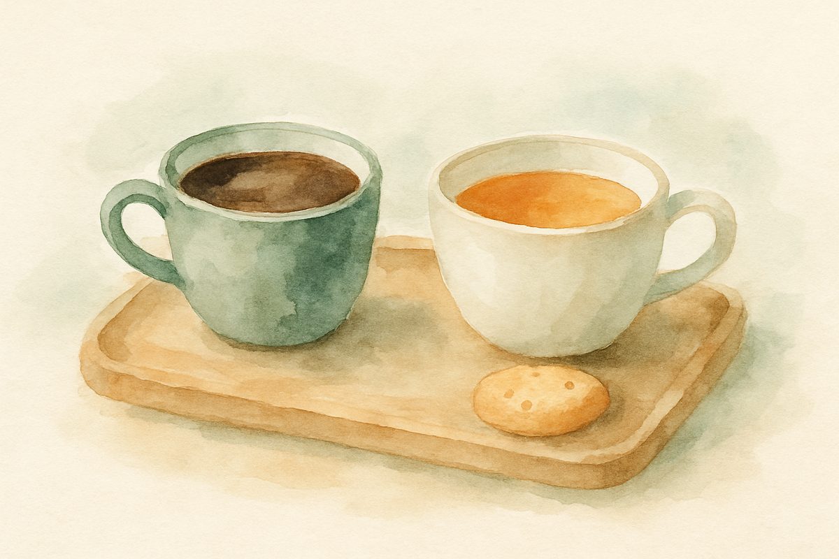 A cup of coffee and a cup of tea on a tray, typical during a morning fasting window