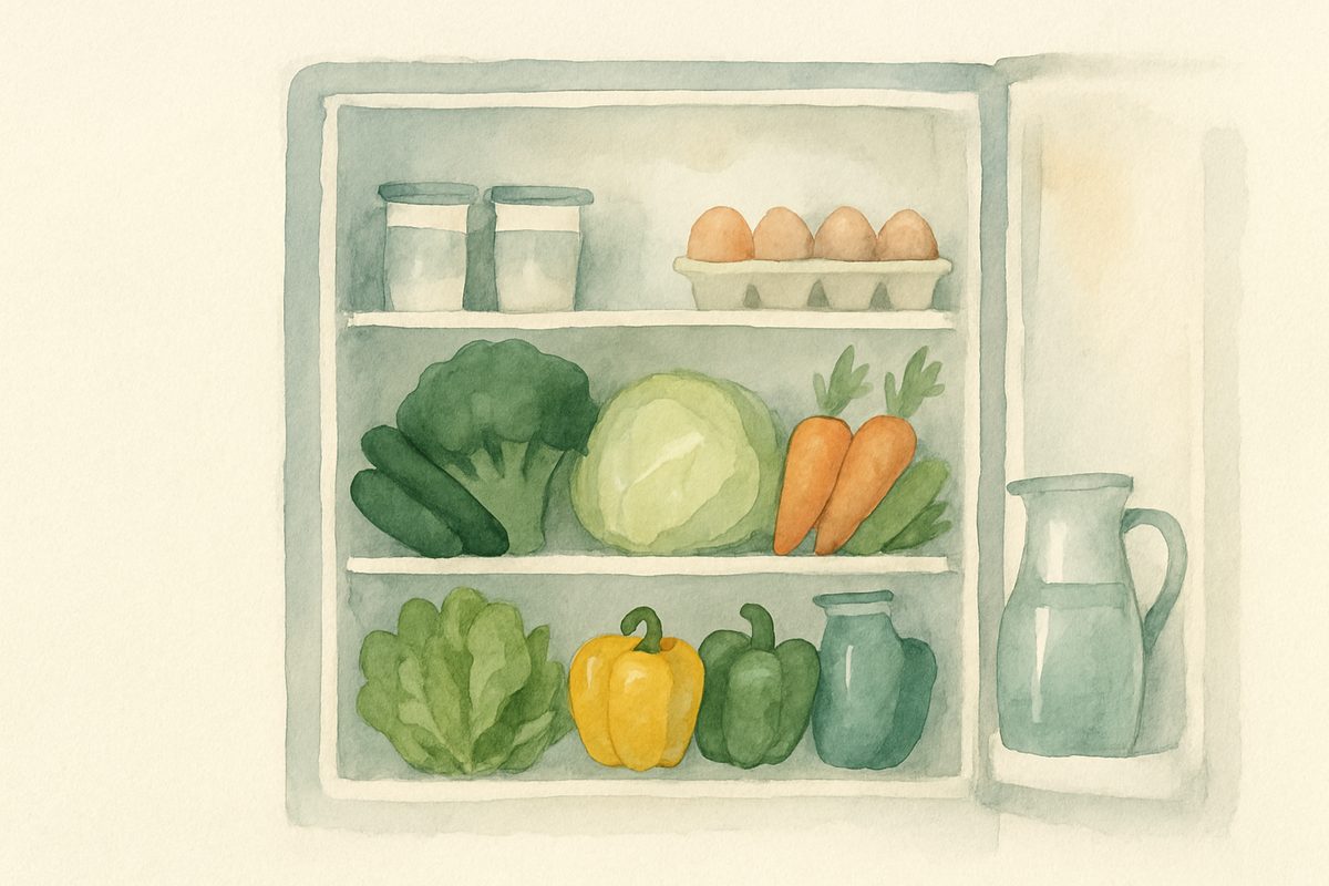 Open fridge with vegetables, eggs, and yogurt on the shelves