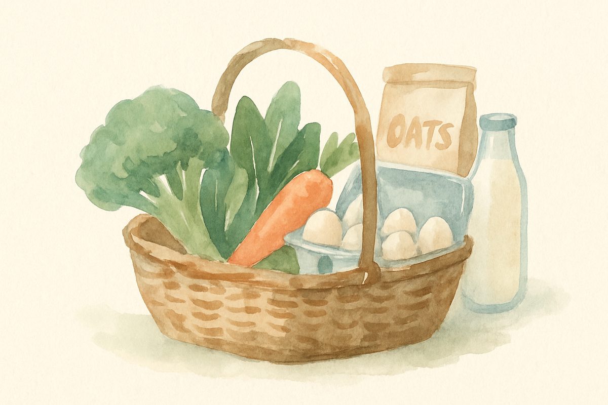 Basket with vegetables, eggs, oats, and milk