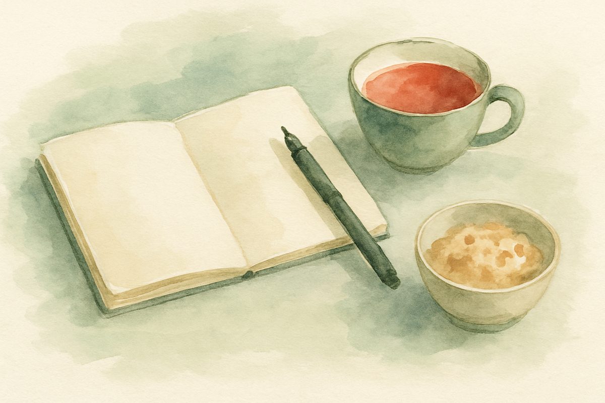 An open notebook with a cup of tea and oatmeal, representing a calm approach to tracking eating patterns