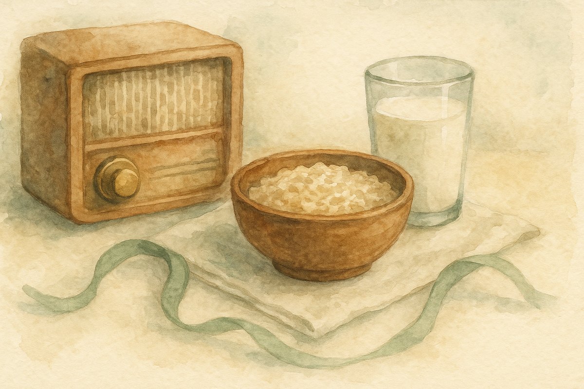 Watercolor: an old radio with a brass tuning knob, a bowl of oats and a glass of milk on a linen napkin