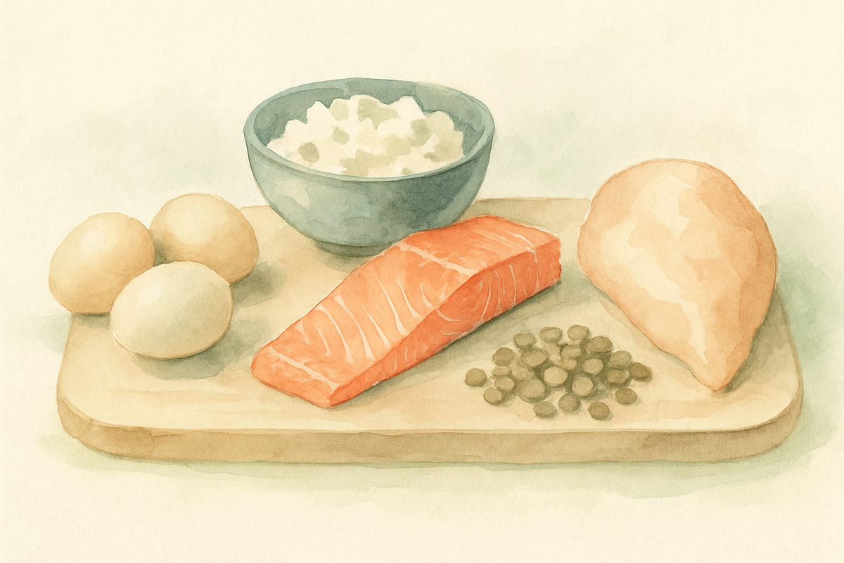 Eggs, salmon, cottage cheese, lentils, and chicken breast on a wooden board