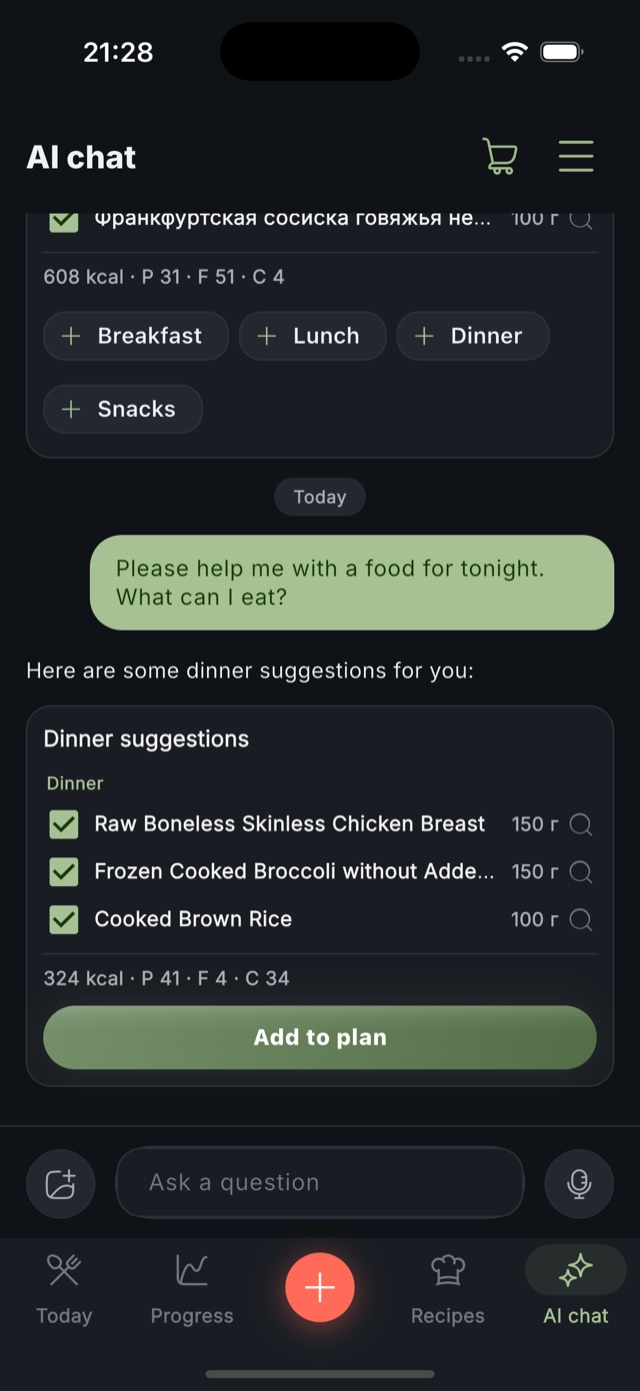 AI chat in Zru and Hudnu suggesting a dinner that fits the remaining calories
