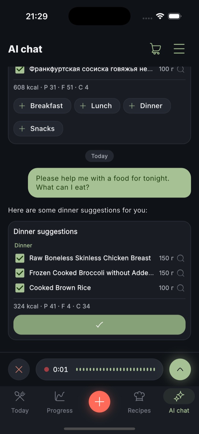 Voice input in the Zru and Hudnu AI chat while logging food