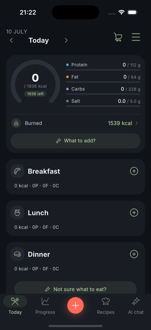 The main screen of the Zru & Hudnu app showing a daily calorie goal set for the day, with empty meal slots ready to be filled.