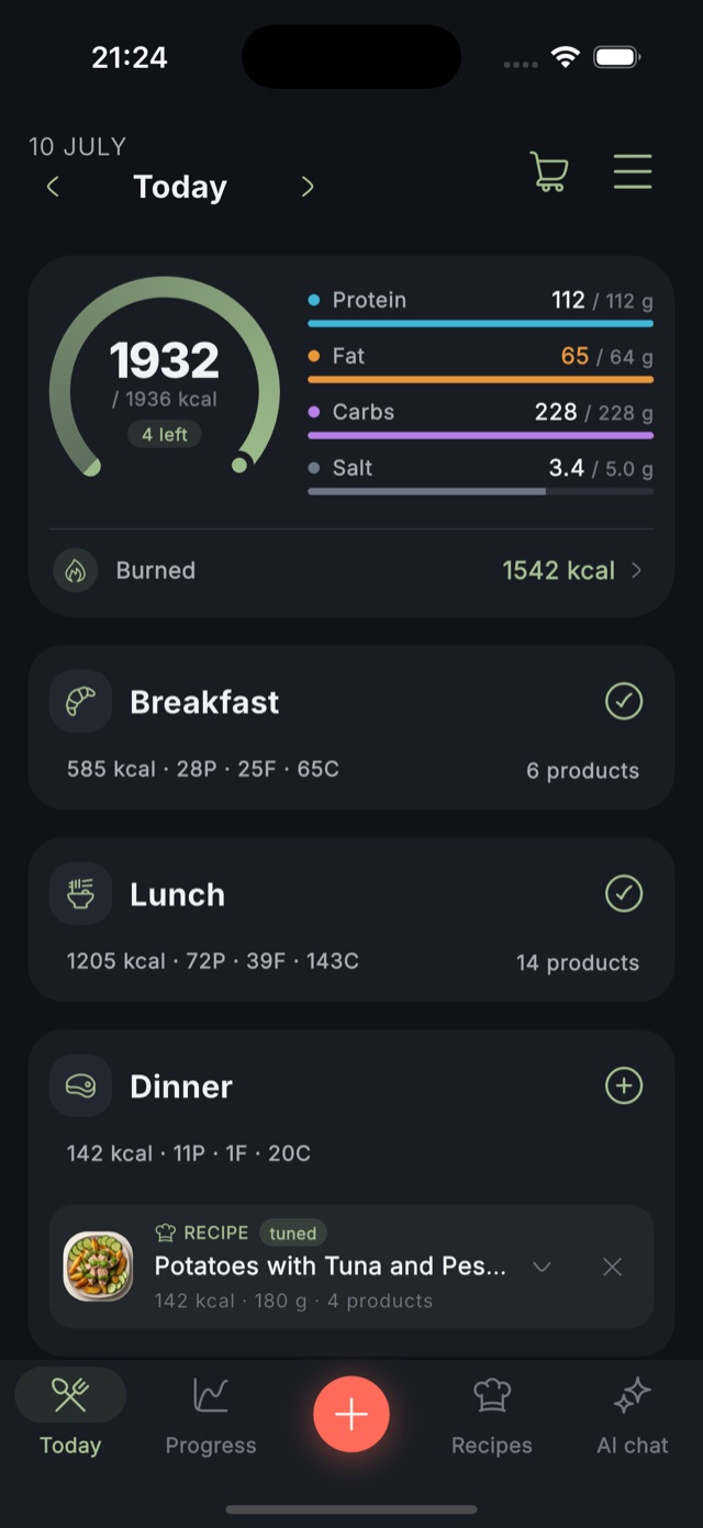 Zru and Hudnu day screen showing burned calories from Apple Health next to food totals