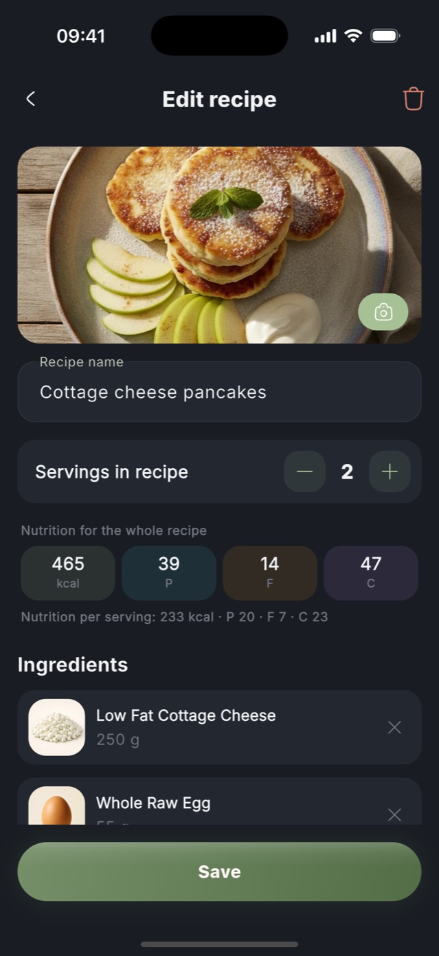 The Zru & Hudnu app's recipe screen, showing a list of ingredients with their weights and the total calories and macros for one serving.