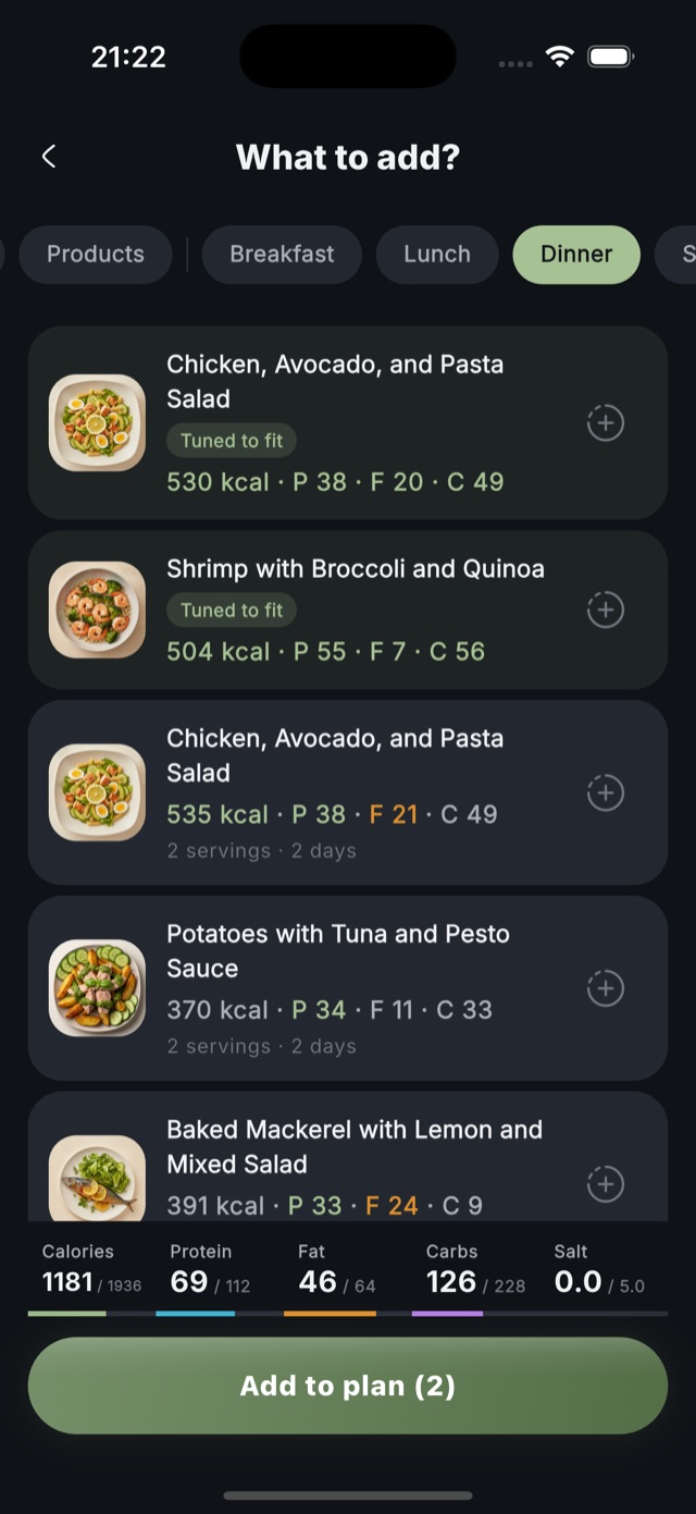 Dinner suggestions tuned to fit the remaining calories, with a running macro total