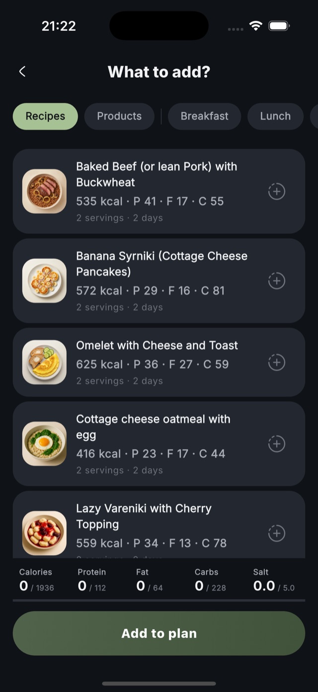 Zru and Hudnu app suggesting recipes that fit the remaining calories of the day