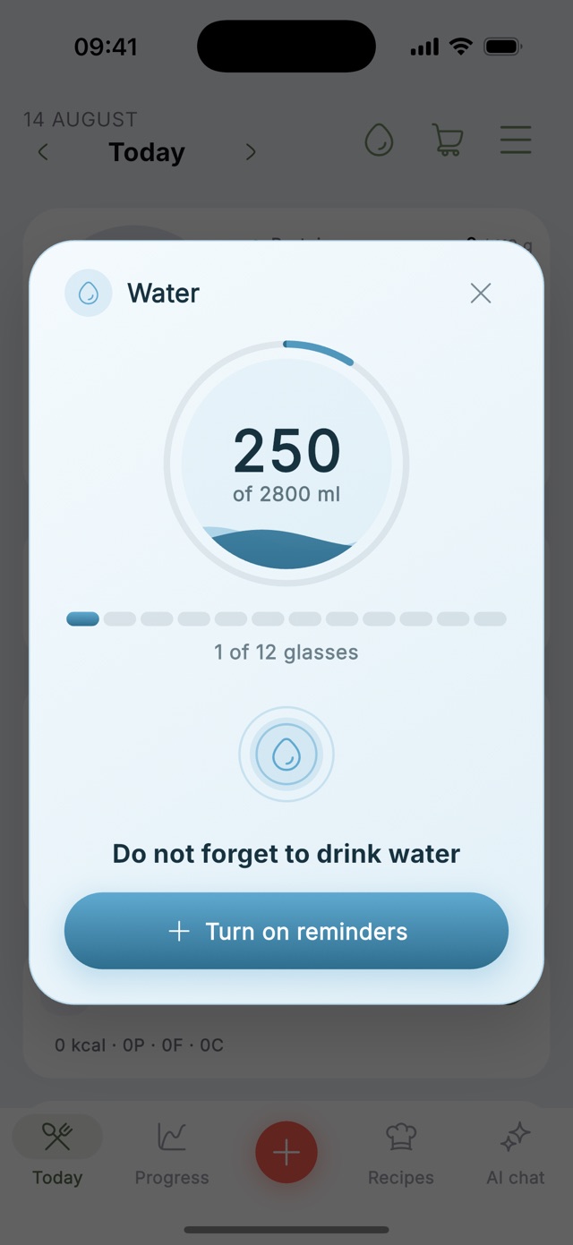 The water tracking screen in the Zru & Hudnu app, showing a glass filling up to the daily goal and a button for reminders.